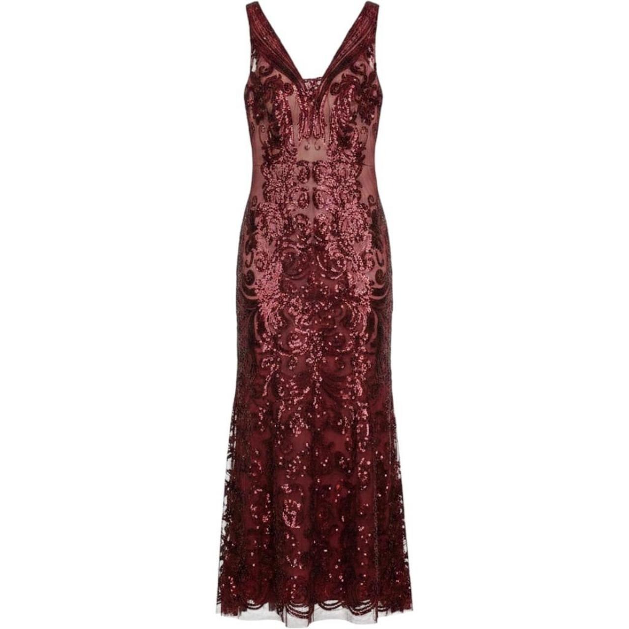 Burgundy Sequin Damask Prom Gown V-Neck Lace Up Back Mermaid Formal Dress